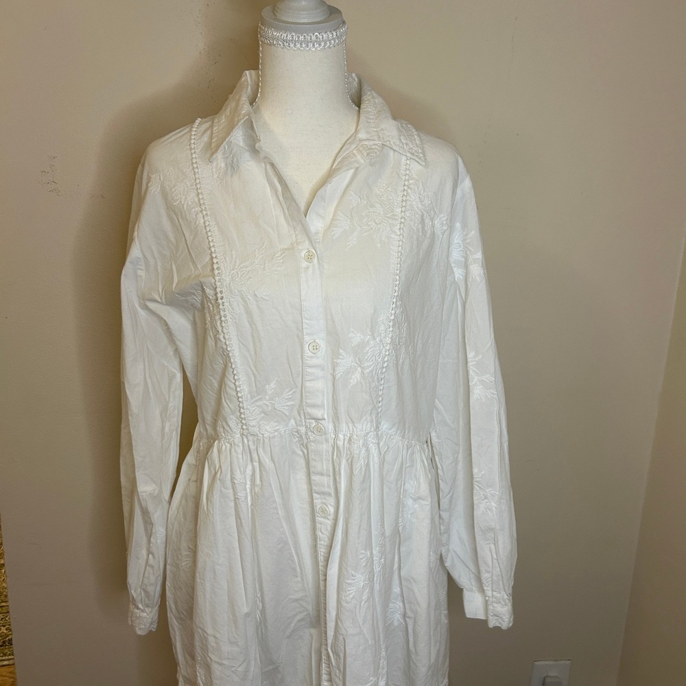 Zara White Floral Embroidered Cotton Tiered Midi Shirt Dress Long Sleeve L - Picture 8 of 10